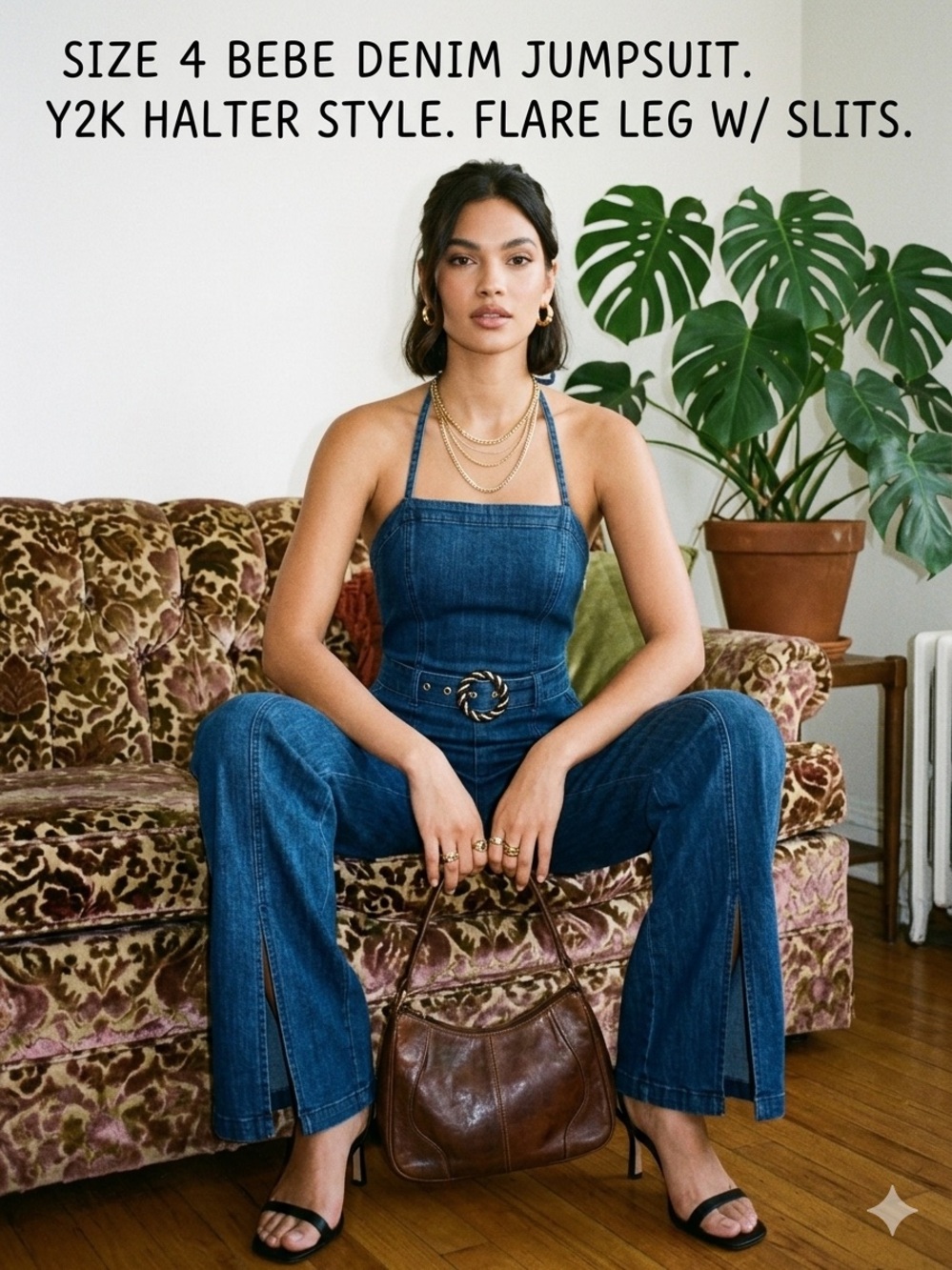 bebe Blue Denim Halter Jumpsuit with Belted Waist